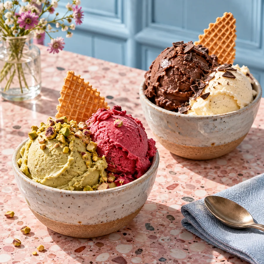 Иллюстрация Gelato Italiano: мороженое в мисках с вафельными рожками