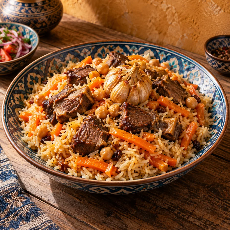 Иллюстрация Kinza: плов с мясом и морковью