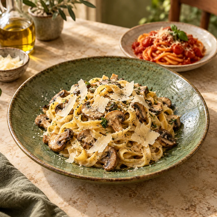 Иллюстрация La Pollo & Pasta: паста с грибами и тарелка спагетти