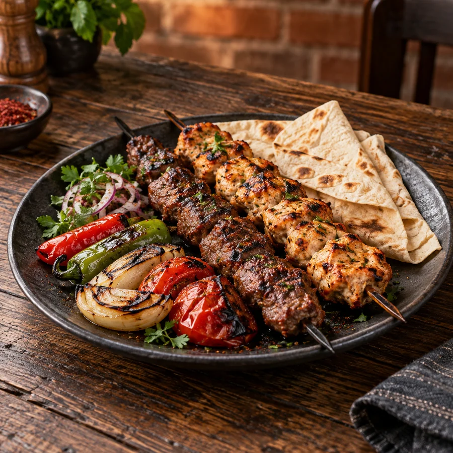 Иллюстрация Mangal House: шашлык, овощи с гриля и лаваш