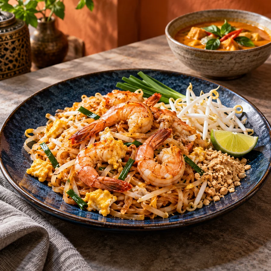 Иллюстрация Pad Thai: лапша с креветками, ростками и лаймом