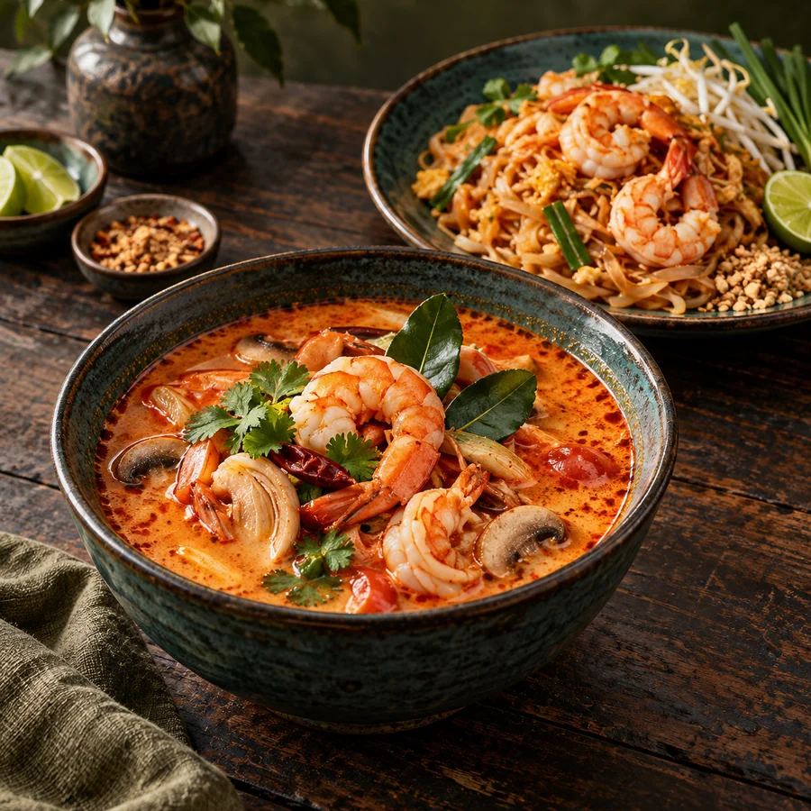 Иллюстрация Thai Express: суп с креветками и жареная лапша