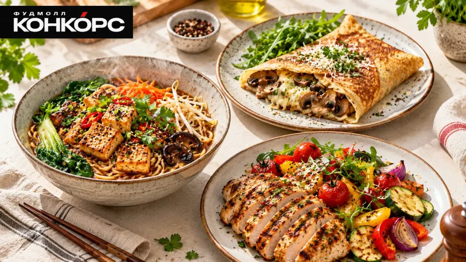 Лапша, блин с начинкой и курица с овощами — иллюстрация блюд до 20 рублей